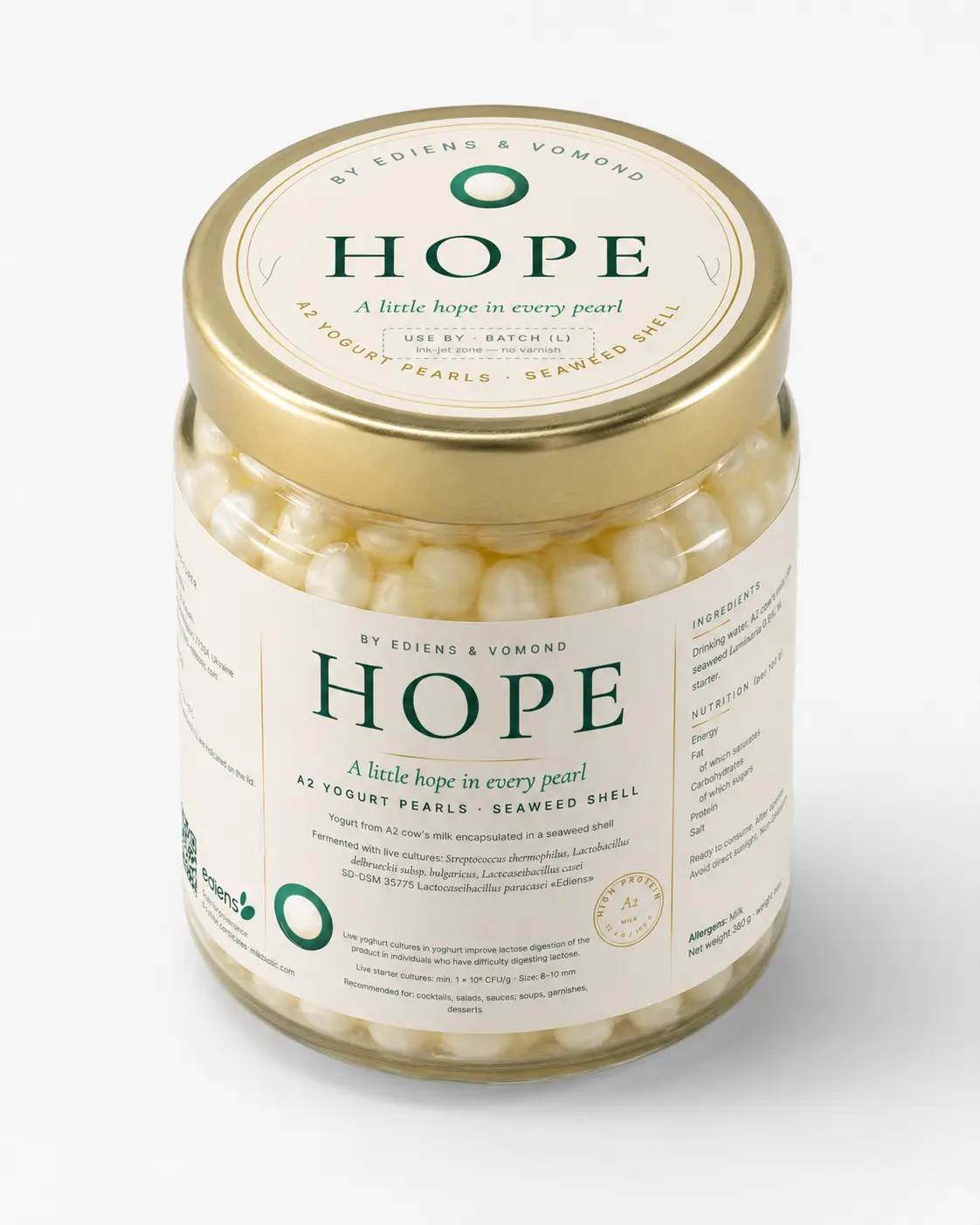 HOPE jar — living A2-yogurt pearls in an edible seaweed shell