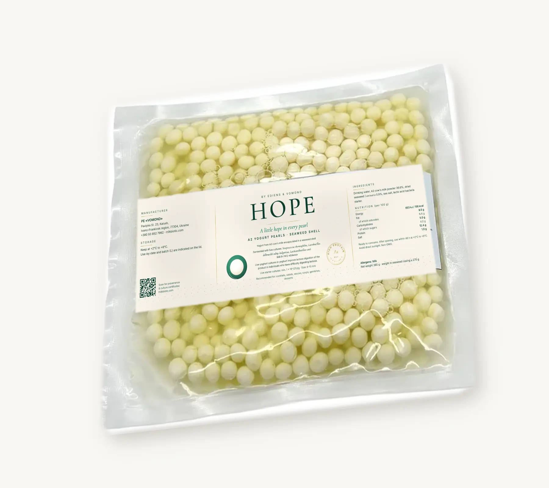 HOPE vacuum-sealed chef's pack — A2 yogurt pearls in a seaweed shell